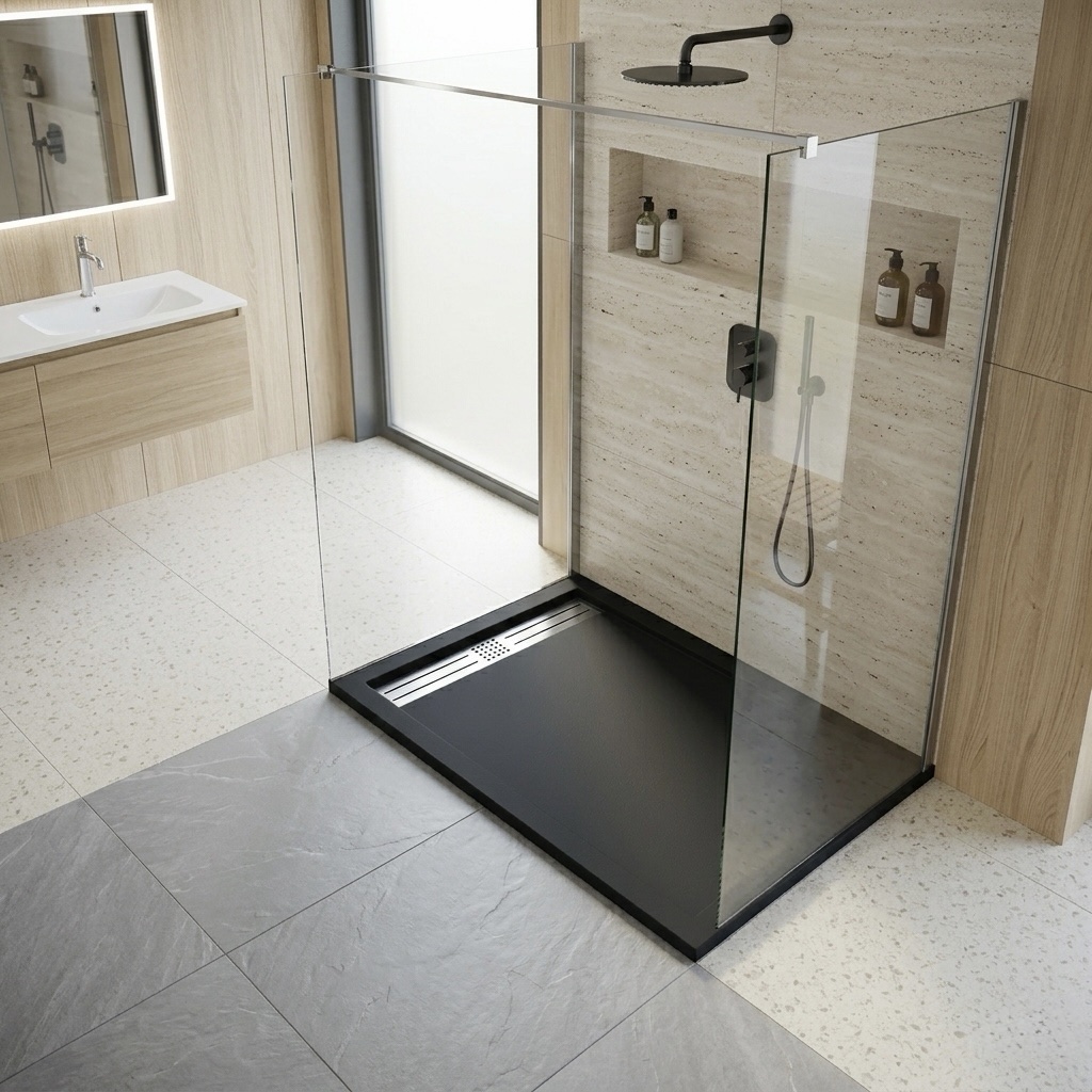 Duschtasse Mineralguss | Kompositstein für Bad | flach - modern | schwarz – Bild 2